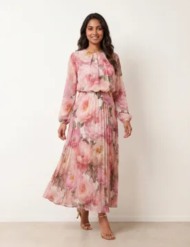 Pleated Floral Dress - S / PINK - female - Blue Vanilla - FashionsVida