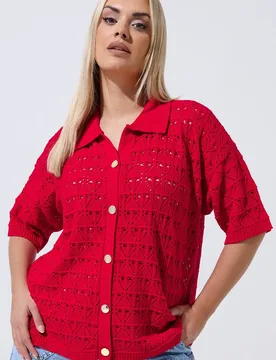 Women's Button Through Crochet Shirt in Dark Red Size: 14-16 - Dark Red - Size: 14-16 - Yours - FashionsVida