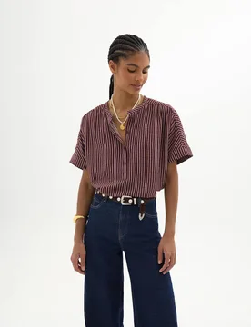 Striped Crew Neck Button Front Blouse Red Mix female - hush - FashionsVida