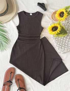 Vestido midi negro de punto con pliegues en la cintura para niñas preadolescentes, ajustado y cómodo, versátil y adecuado para uso diario, fiestas,