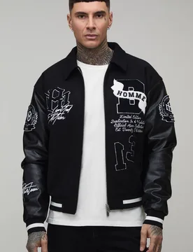 Herren Tall Kastige Passform Melton & PU Materialmix Applikation College-Jacke Black Größe XL - boohooMAN - FashionsVida