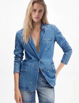 Blazer denim petites fleurs, Coton, Bleu, XS
