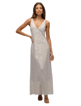 Robe Longue Sans Manches Maxi Sequin V Neck Silver Sequin S - Superdry - FashionsVida