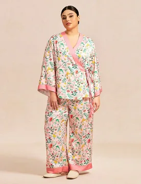 Conjunto de Pijama Kimono de Talla Grande para Mujer con Estampado Floral Rosa para Primavera y Otoño - Top de Satén de Manga Larga & Pantalones de - Shein - FashionsVida