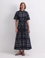 Linen Rich Printed Midaxi Shirt Dress Navy female
