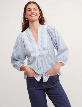 Pure Cotton Striped V-Neck Bib Detail Blouse Blue Mix female - Monsoon - FashionsVida