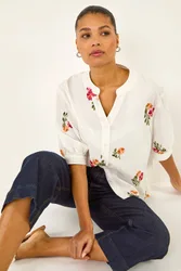 Women's Floral Embroidered V-Neck Blouse in Ivory Size: 16 - Ivory - Size: 16