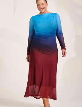 Women's Long Sleeve Slash Neck Mesh Maxi Dress in Burgundy Size: 10 - Burgundy - Size: 10 - Jolie Moi - FashionsVida