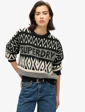 Superdry Damen Pullover mit Rundhalsausschnitt und Logomuster Schwarz - Größe: 36