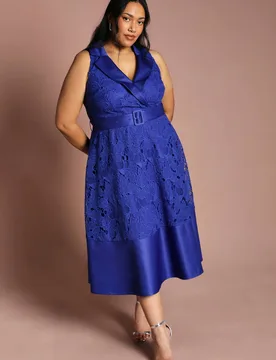 Women's Plus Lace Sleeveless Satin Contrast Midi Skirt Dress in Cobalt Size: 22 - Cobalt - Size: 22 - Coast - FashionsVida