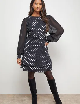 Women's Polkadot Belted Balloon Sleeve Flippy Mini Dress in Mono Size: 6 - Mono - Size: 6 - OASIS - FashionsVida
