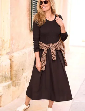 Women's Jersey & Woven Midi Dress in Dark Brown Size: 18 - Dark Brown - Size: 18 - Cotton Traders - FashionsVida