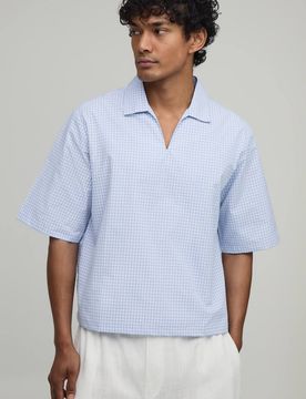 Herren Übergroßes Kastenförmiges Popeline-Karo V-Ausschnitt Polohemd Light Blue Größe XS