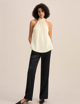 Top Soie Blanc Col Licou, Haut Dos Nu Classique Translucide Super Doux Chemises Blanc 42