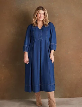 Pure Cotton Denim V-Neck Midaxi Dress Blue Denim female - Live Unlimited London - FashionsVida