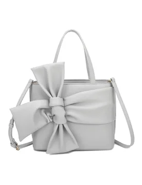 Women's Ila Big Bow Ribbon PU Leather Top Handle Crossbody Tote Bag in Light Grey - Light Grey - Size: One Size - Fontanella Fashion - FashionsVida