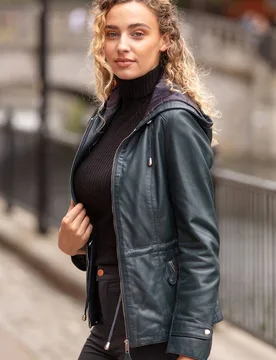 Women's 'Anne' Leather Jacket with Adjustable Waist String in Navy Size: 10 - Navy - Size: 10 - Ashwood Leather - FashionsVida