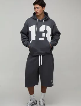 Men's Oversized Boxy 13 Printed Hooded Short Tracksuit Charcoal Size Small Charcoal S - boohooMAN - FashionsVida