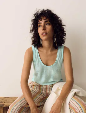 Textured Jersey Scoop Neck Vest with Linen Light Green female - Per Una - FashionsVida
