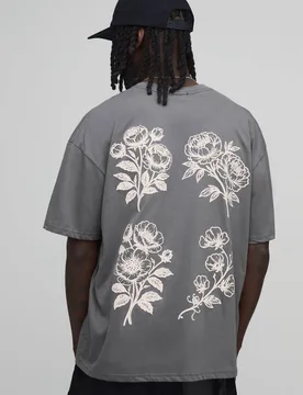 Men's Oversized Floral Puff Print T-Shirt Charcoal Size Medium Charcoal M - boohooMAN - FashionsVida