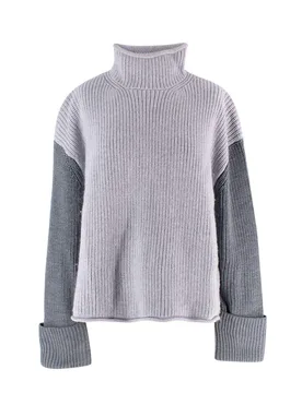 Grey Tricolour High Neck Wool Jumper - Victoria Beckham - FashionsVida