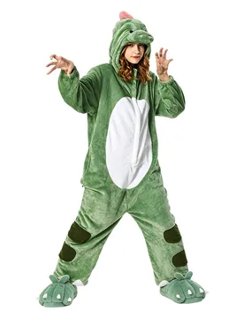 Unisex Adult Plush Green Dinosaur Animals Onesie Pajamas Warm Home One-Piece Sleepwear - Costume+Dinosaur Paw Slippers / S - OLAOLA - FashionsVida
