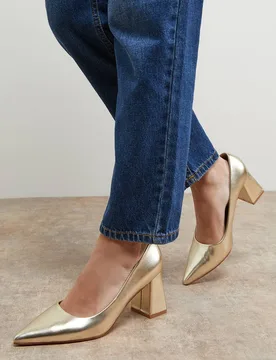 Women's Val Faux Metallic Leather Pointed High Block Heel Courts in Gold Size: 4 - Gold - Size: 4 - OASIS - FashionsVida