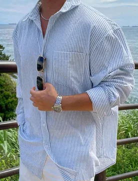 Camisa de manga larga a rayas azules para hombre, primavera - Shein - FashionsVida