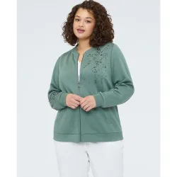 Sudadera de mujer bomber con aplicaciones luminosas embellecidas con aplicaciones decorativas en el delantero y en la manga