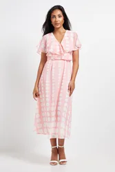 Womens Petite Chiffon Polka Dot Border Cape Sleeve Midi Dress - Pink - Size 12 Uk
