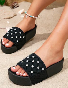 Nuevos Arrivals de verano: Sandalias cómodas con suela gruesa y altura aumentada con diseño de rombos y cristales, para uso en exteriores, para muje - Shein - FashionsVida
