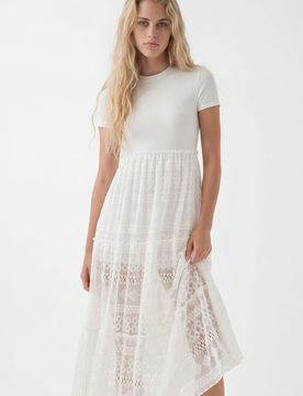 Robe midi combinée tulle, Blanc, M