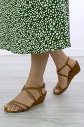 Women's Mid Wedge Heel Buckle Up Strappy Sandals in Tan Size: 5 - Tan - Size: 5