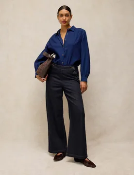 Mid Rise Button Detail Wide Leg Jeans Dark Blue Denim female - White stuff - FashionsVida