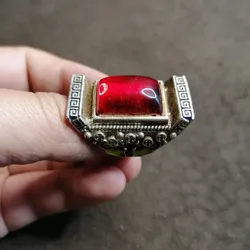 Antique Old Silver Ring, Rectangular Ruby Inlay, Coin Pattern, Adjustable Open Band Collectible Jewelry