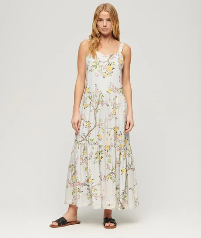 Superdry Damen Gestuftes Maxikleid aus Webstoff Hellgrau - Größe: 40 - 109.99 - FashionsVida