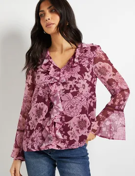 Womens Floral Lace Trim Ruffle Blouse - Pink - Size 12 Uk - Wallis - FashionsVida