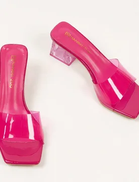 Sandalias de tacón de cristal transparente rojo rosa para mujer, chanclas de tacón grueso con punta cuadrada de estilo minimalista de moda de verano - Shein - FashionsVida