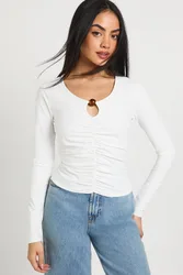 Womens Cotton Touch Ruched Keyhole Long Sleeve Top With Bead Trim - Cream Elastane - Size 10 Uk