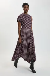 Check Tailored Dress - Burgundy - Size: 14