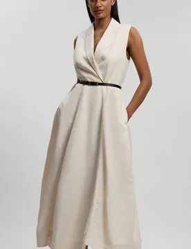 Women's Petite Premium Viscose Linen Tailored Belted Full skirted Midi Dress in Ivory Size: 12 - Ivory - Size: 12 - Karen millen - FashionsVida