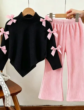 Conjunto de camiseta casual para niñas jóvenes en primavera/otoño/invierno, diseño con decoración de lazo rosa, top de manga larga de punto acana - Shein - FashionsVida