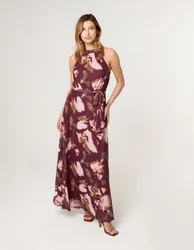 Mesh Halter Neck Belted Maxi Dress - XL / WINE - female