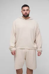 Herren Plus Waffel-Gestricktes Oversized Hoodie Sweatshirt & Short Set Stone Größe 2XL