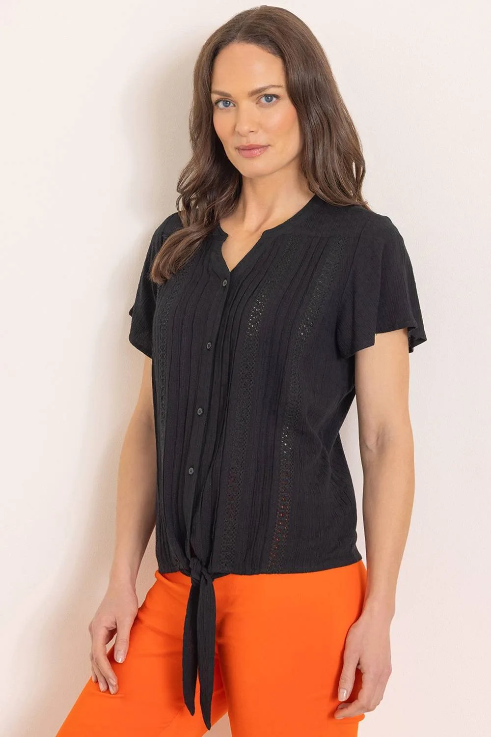 Tie Front Short Sleeve Blouse - Black - Size: 20 - Klass. - FashionsVida