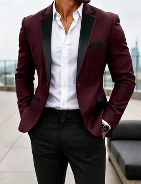 Conjunto de blazer y pantalones de vestir casual para hombre, diseño de contraste burdeos y negro, visualmente llamativo con estilo por capas, adecua - Shein - FashionsVida