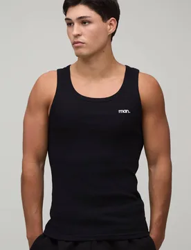 Men's Muscle Fit Man Dot Embroidered Ribbed Vest Black Size Medium Black M - boohooMAN - FashionsVida
