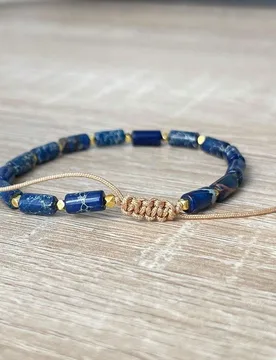 Pulsera de memoria con cuentas cilíndricas de piedra imperial azul estilo vintage, joyería de cuerda tejida elástica hecha a mano, adecuada para us - Shein - FashionsVida