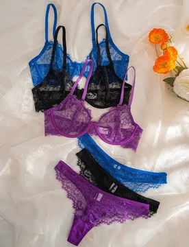Conjunto de lencería de encaje con aros y copa fina cómodo para mujer (6 piezas/set) - Shein - FashionsVida