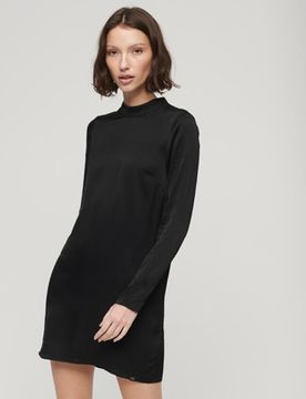 Superdry Damen Satin-minikleid mit Stehkragen Schwarz - Größe: 36